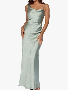 Amazon One-Shoulder Satin Slip Dress in Sage Green